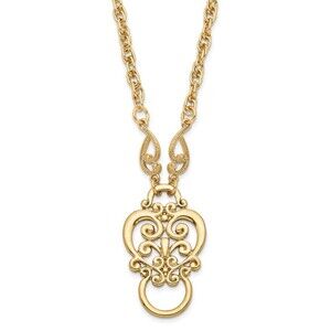 1928 Gold-tone Fancy Filigree Scroll 28 inch Eye Glass or Badge Holder Necklace